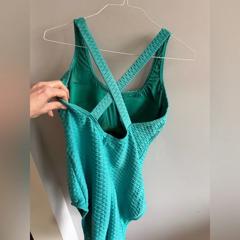 Lands' End Teal Textured One Piece Swimsuit Size 14 Tummy Control Criss Cross